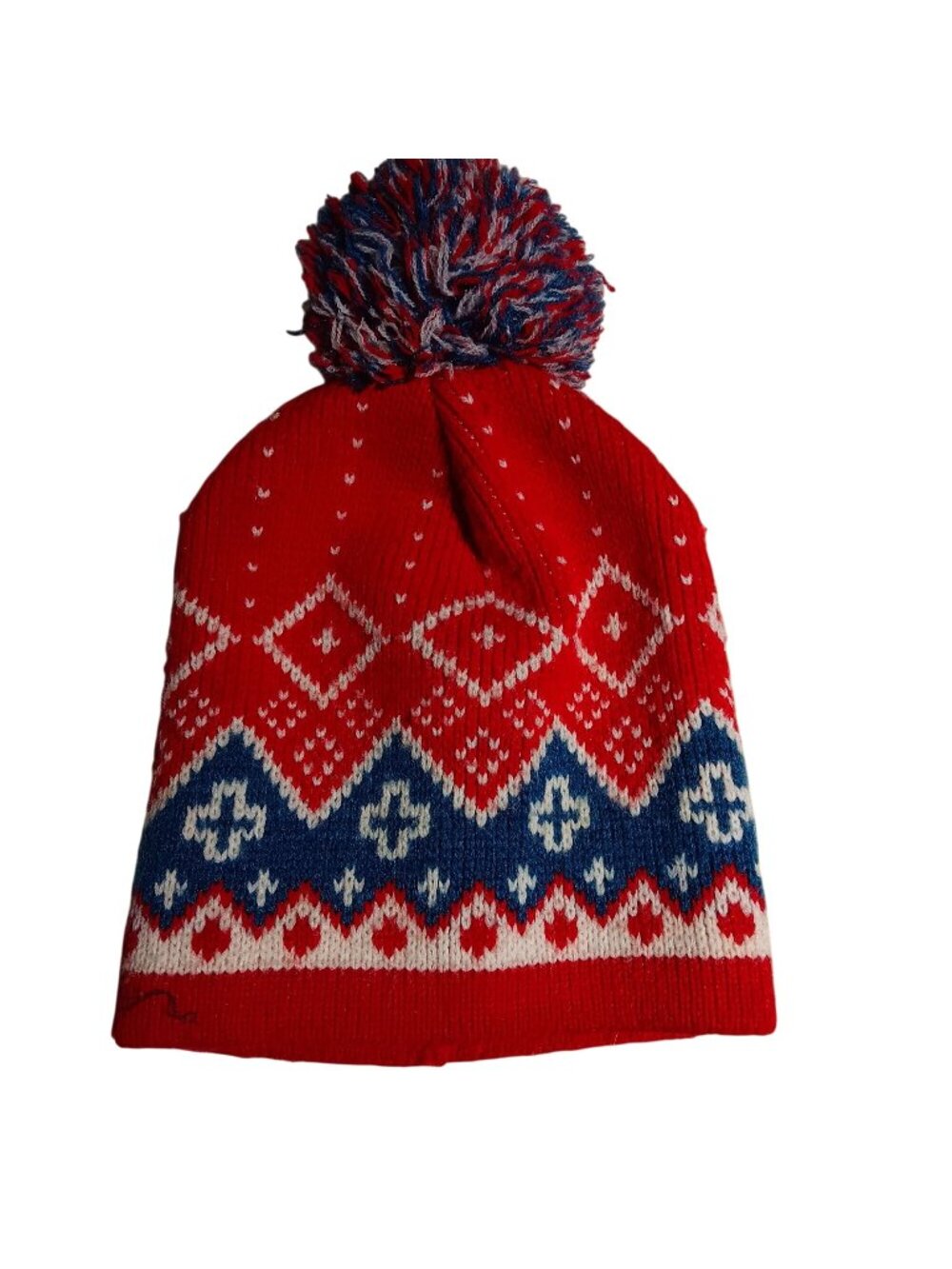 Vintage Winter Beanie Hat Wigwam Red & Blue Acrylic Knit With Pom-Pom MADE USA M